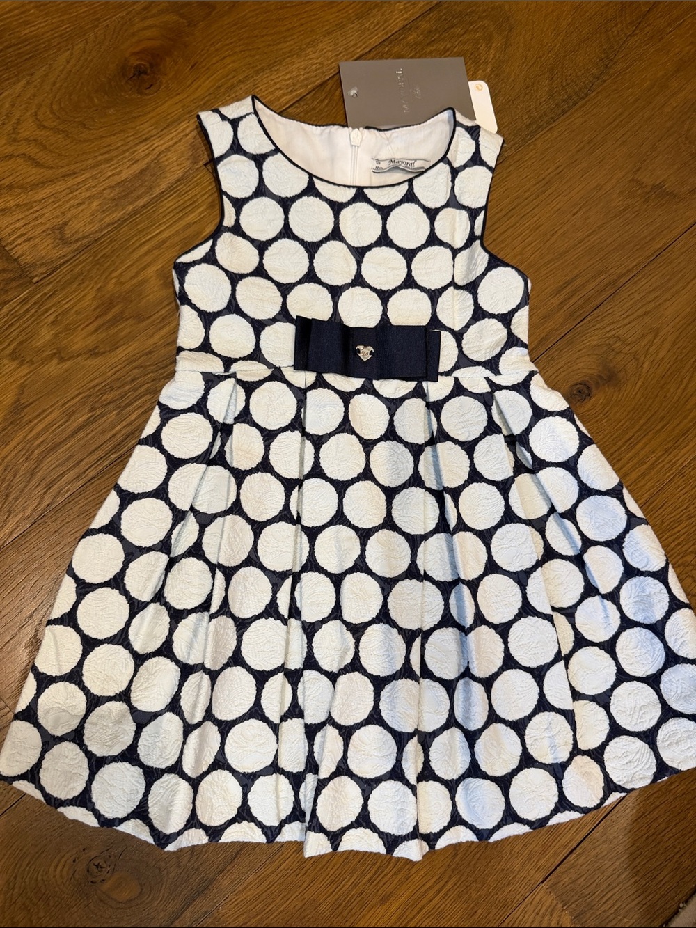 Mayoral Chic Navy and White Polka Dot Bow-Accent Girls Dress